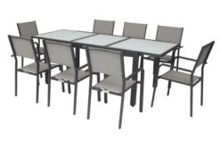 VILLANA Esstischgarnitur, Anthrazit/grau, Alu/Textil, Tisch 160/220 Cm, 8 Stapelstühle