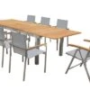 OUTFLEXX Set, Silber, 200/300 X 100 Cm, Edelstahl/Teak, Ausziehtisch, 6 Stapelstühle, 2 Multipositionssessel