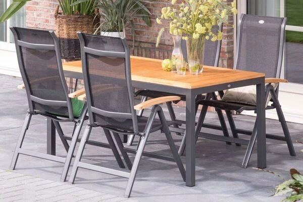 HARTMAN Alice Esstischgruppe, Xerix/natur, Alu/FSC-Teak, 4x4 Textilen, 4 Hochlehner, 150/210x90cm 1 HARTMAN Alice Esstischgruppe, Xerix/natur, Alu/FSC-Teak, 4x4 Textilen, 4 Hochlehner, 150/210x90cm