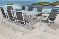 KETTLER BasicPlus Esstischgarnitur, Silber, Alu/Textilene, Tisch 180/240x100cm, 8 Multipositionssessel