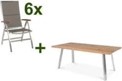 STERN Cardiff Esstischgruppe, Silber/taupe, Edelstahl/Teak, Tisch A-Gestell 200 X 100 Cm, 6 Multipositionssessel