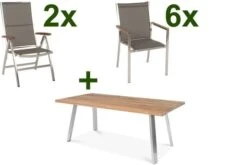 STERN Cardiff Set, Silber/taupe, Edelstahl/Teak, Tisch A-Gestell 200 X 100 Cm, 6 Stapel-, 2 Multipositionssessel