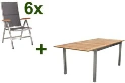STERN Cardiff Esstischgruppe, Silber/silbergrau, Edelstahl/FSC-Teak, Tisch 150/200 X 90 Cm, 6 Multipositionssessel