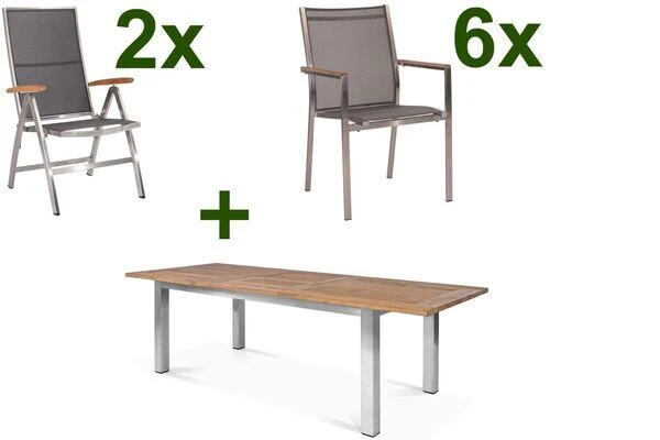 STERN Cardiff Esstischgruppe, Silber/silbergrau, Edelstahl/Teak, Tisch 200/260 X 100 Cm, 6 Stapel-, 2 Multipositionssessel 1 STERN Cardiff Esstischgruppe, Silber/silbergrau, Edelstahl/Teak, Tisch 200/260 X 100 Cm, 6 Stapel-, 2 Multipositionssessel