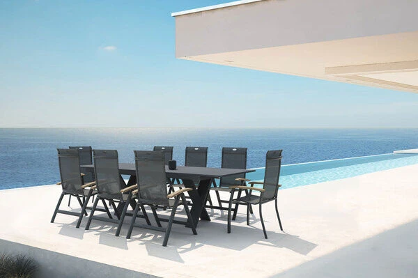 HARTMAN Sondermodell Xanadu / Alice Esstischgarnitur, Xerix/schwarz, Alu/Glaskeramik, 4x4 Textilen, 2 Stapelsessel, 6 Multipos, 220/280x100cm 1 HARTMAN Sondermodell Xanadu / Alice Esstischgarnitur, Xerix/schwarz, Alu/Glaskeramik, 4x4 Textilen, 2 Stapelsessel, 6 Multipos, 220/280x100cm