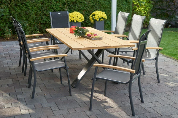 HARTMAN Xanadu / Alice Sitzgruppe, Xerix/schwarz, Alu/Teakholz, 4x4 Textilen, 8 Stapelsessel, 220x100cm 1 HARTMAN Xanadu / Alice Sitzgruppe, Xerix/schwarz, Alu/Teakholz, 4x4 Textilen, 8 Stapelsessel, 220x100cm