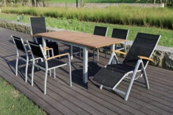 VILLANA Esstischset, Silber/schwarz, Alu/FSC-Akazie, Ausziehtisch 150/200 X 90 Cm, 2 Relaxsessel, 4 Stapelsessel