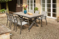 SIENA GARDEN Velia / Sincro Dining Set, Anthrazit/natur-grau, Alu/Ranotex/Keramik, 6 Sessel, Ausziehtisch 205/265 X 103 Cm