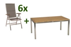 STERN Cardiff Esstischgarnitur, Silber/taupe, Edelstahl/Textilen/FSC-Teakholz, 162/220 X 90 Cm, 6 Multipos, Butterfly-Auszug