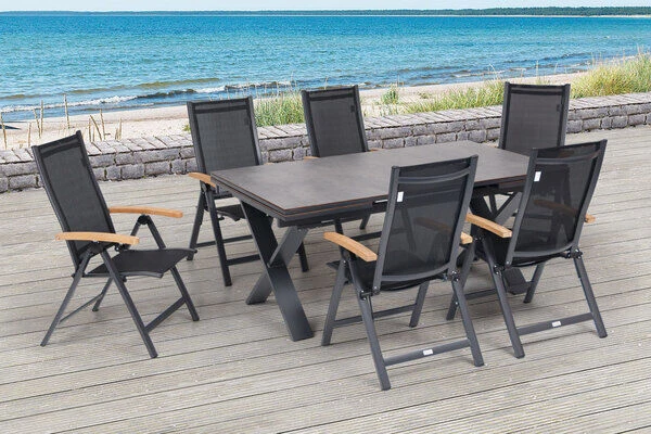 OUTFLEXX Esstischgarnitur, OUTFLEXX® Anthrazit Matt, Alu /HPL / Teak, Tisch 180/280x100cm, 6 Multipositionssessel