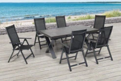 OUTFLEXX Esstischgarnitur, OUTFLEXX® Anthrazit Matt, Alu / HPL / Textil, Tisch 180/280x100cm, 6 Multipositionssessel