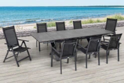 OUTFLEXX Esstischgarnitur, OUTFLEXX® Anthrazit Matt, Alu / HPL / Textil, Tisch 180/280x100cm, 6 Stapelsessel, 2 Multipo