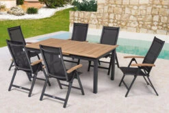 OUTFLEXX Esstischgarnitur, OUTFLEXX® Anthrazit Matt, Alu / Teak / Textil, Tisch 180/240x100cm, 6 Multipositionssessel