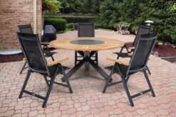 OUTFLEXX Esstischgarnitur, OUTFLEXX® Anthrazit Matt, Alu / Teak / Textil, Esstisch Ø 150 Cm, 5 Multipositionssessel