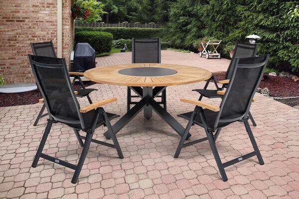 OUTFLEXX Esstischgarnitur, OUTFLEXX® Anthrazit Matt, Alu / Teak / Textil, Esstisch Ø 150 Cm, 5 Multipositionssessel 1 OUTFLEXX Esstischgarnitur, OUTFLEXX® Anthrazit Matt, Alu / Teak / Textil, Esstisch Ø 150 Cm, 5 Multipositionssessel