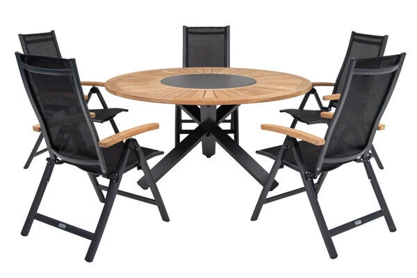 OUTFLEXX Esstischgarnitur, OUTFLEXX® Anthrazit Matt, Alu / Teak / Textil, Esstisch Ø 150 Cm, 5 Multipositionssessel 2 OUTFLEXX Esstischgarnitur, OUTFLEXX® Anthrazit Matt, Alu / Teak / Textil, Esstisch Ø 150 Cm, 5 Multipositionssessel – Bild 2