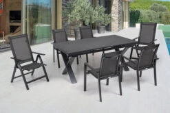 OUTFLEXX Esstischgarnitur, Anthrazit, Alu / Keramik / Textil, 180/280x100cm, 2 Multipo, 4 Stapelsessel