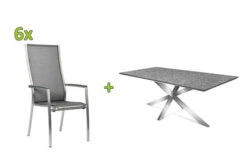 STERN Esstischgarnitur, Silbergrau/grau, Edelstahl/Textilene, Tisch 200 X 100 Cm, 6 Stapelsessel, Hohe Rückenlehne