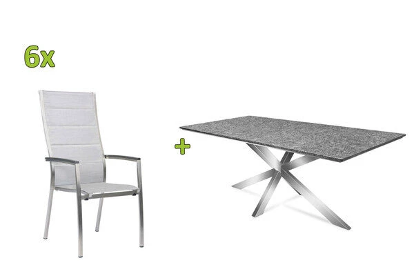 STERN Esstischgarnitur, Silber/grau, Edelstahl/Textilene, Tisch 200 X 100 Cm, 6 Stapelsessel, Hohe Rückenlehne, Padded 1 STERN Esstischgarnitur, Silber/grau, Edelstahl/Textilene, Tisch 200 X 100 Cm, 6 Stapelsessel, Hohe Rückenlehne, Padded