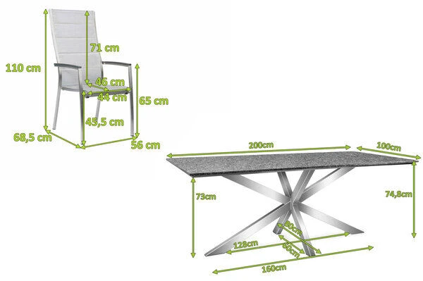 STERN Esstischgarnitur, Silber/grau, Edelstahl/Textilene, Tisch 200 X 100 Cm, 6 Stapelsessel, Hohe Rückenlehne, Padded 2 STERN Esstischgarnitur, Silber/grau, Edelstahl/Textilene, Tisch 200 X 100 Cm, 6 Stapelsessel, Hohe Rückenlehne, Padded – Bild 2