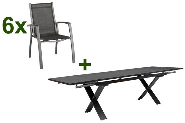 KETTLER Altura Esstischgarnitur, Anthrazit, Alu / Spraystone / Textil, Tisch 180/280x100cm, 6 Stapelsessel 1 KETTLER Altura Esstischgarnitur, Anthrazit, Alu / Spraystone / Textil, Tisch 180/280x100cm, 6 Stapelsessel