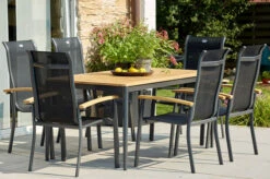 HARTMAN Silencio / Alice Sitzgruppe, Xerix/natur, Alu/Teak, 4x4 Textilen, 6 Dining Sessel, 160/220x90cm, FSC-Teak Armlehnen