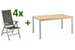 KETTLER Granada/Easy Sitzgruppe, Silber/anthrazit, Alu/Textilene, Teaktisch 160x95 Cm,4 Multipo, FSC-Teak Tischplatte