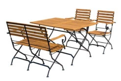 OUTFLEXX Sitzgruppe, Natur/schwarz, Stahl/FSC-Akazienholz, 120x80 Cm, 2 Klappstühle Mit Armlehnen, 2-Sitzer Bank, Pulverbeschichtet, Geölt