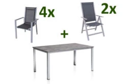 KETTLER Cubic Esstischgarnitur, Silber/anthrazit/grau, Alu/Textilene, Tisch 160x90 Cm, 4 Stapelsessel, 2 Multipo