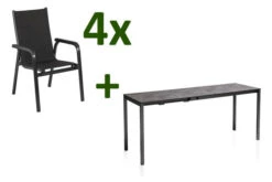 KETTLER Cubic/Basic Plus Padded Esstischgarnitur, Anthrazit, Alu/HPL/Textilene, 140/210x70 Cm, 4 Stapelsessel