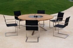 OUTFLEXX Sitzgruppe, Schwarz, Edelstahl/FSC-Teak, Ø 170 Cm, 6 Freischwinger, Inkl. Drehbarer Granitplatte + Eiskühler