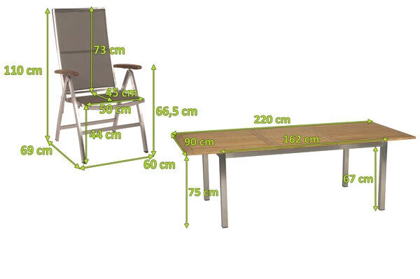 STERN Cardiff Esstischgarnitur, Silber/taupe, Edelstahl/Textilen/FSC-Teakholz, 162/220 X 90 Cm, 6 Multipos, Butterfly-Auszug 5 STERN Cardiff Esstischgarnitur, Silber/taupe, Edelstahl/Textilen/FSC-Teakholz, 162/220 X 90 Cm, 6 Multipos, Butterfly-Auszug – Bild 5